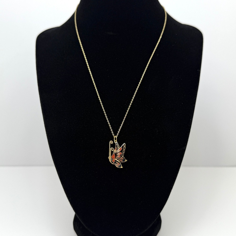 Vintage Style Enamel Butterfly Pendant Necklace Gold Tone Dainty Jewelry 9.5 in